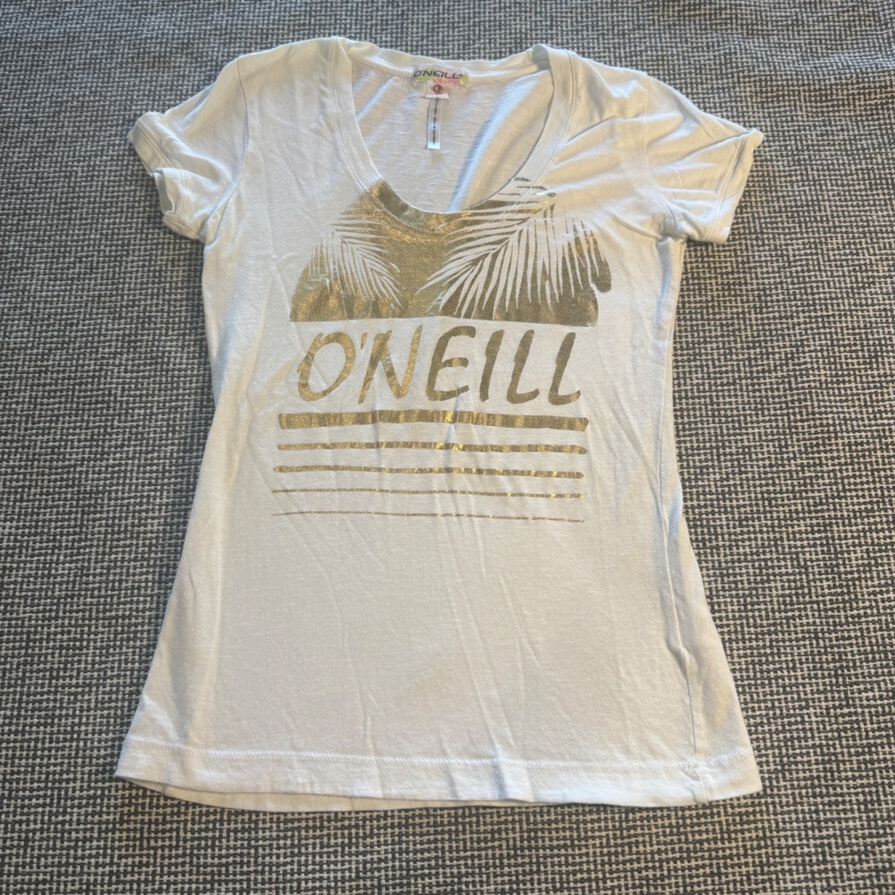 ONeill Womens White Gold Metallic Palm Tree Graphic Scoop Neck T-Shirt Small